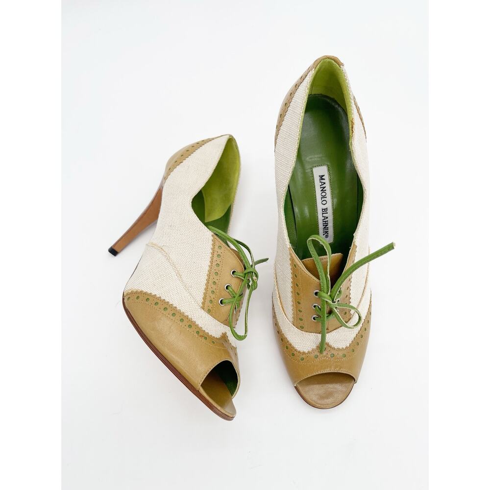 Manolo Blahnik Retro Canvas Wingtip Oxford Open Toe Brogue Lace Up Heels IT 39